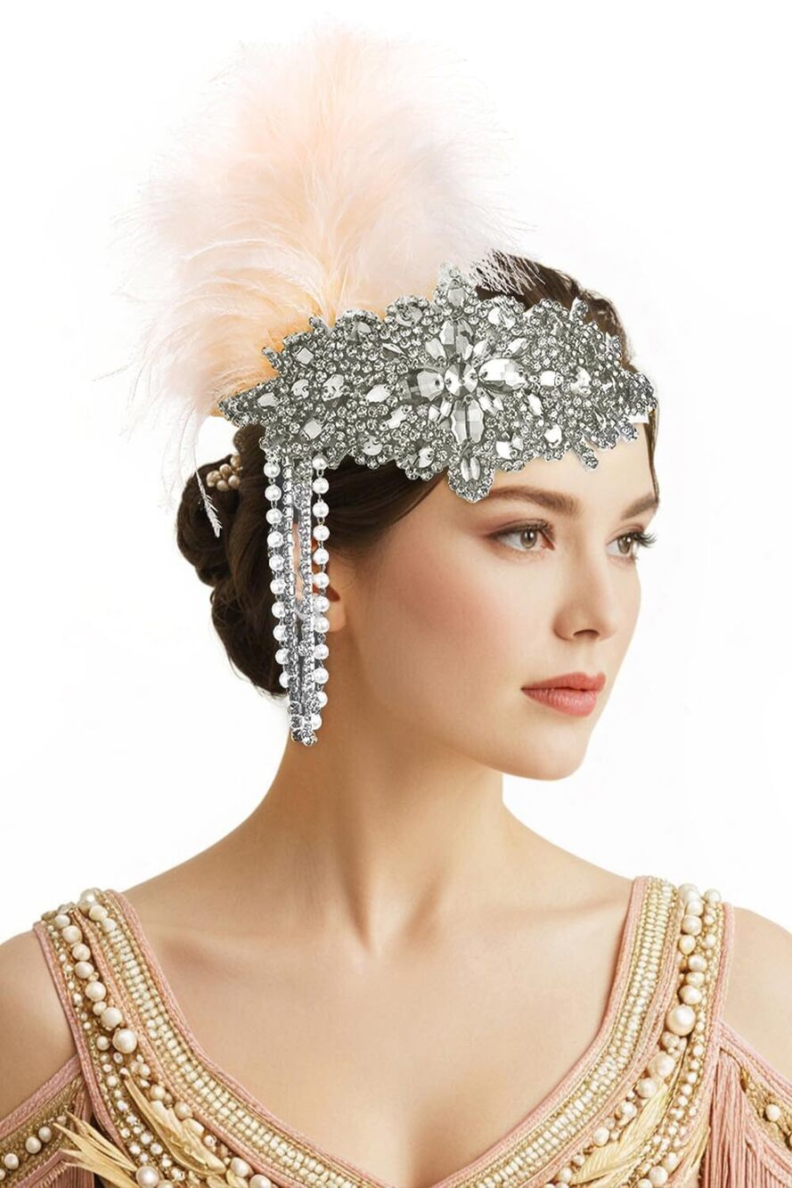 1524 ’s 1920s Headband Flapper Feather Headpiece with Chain Roaring 20s